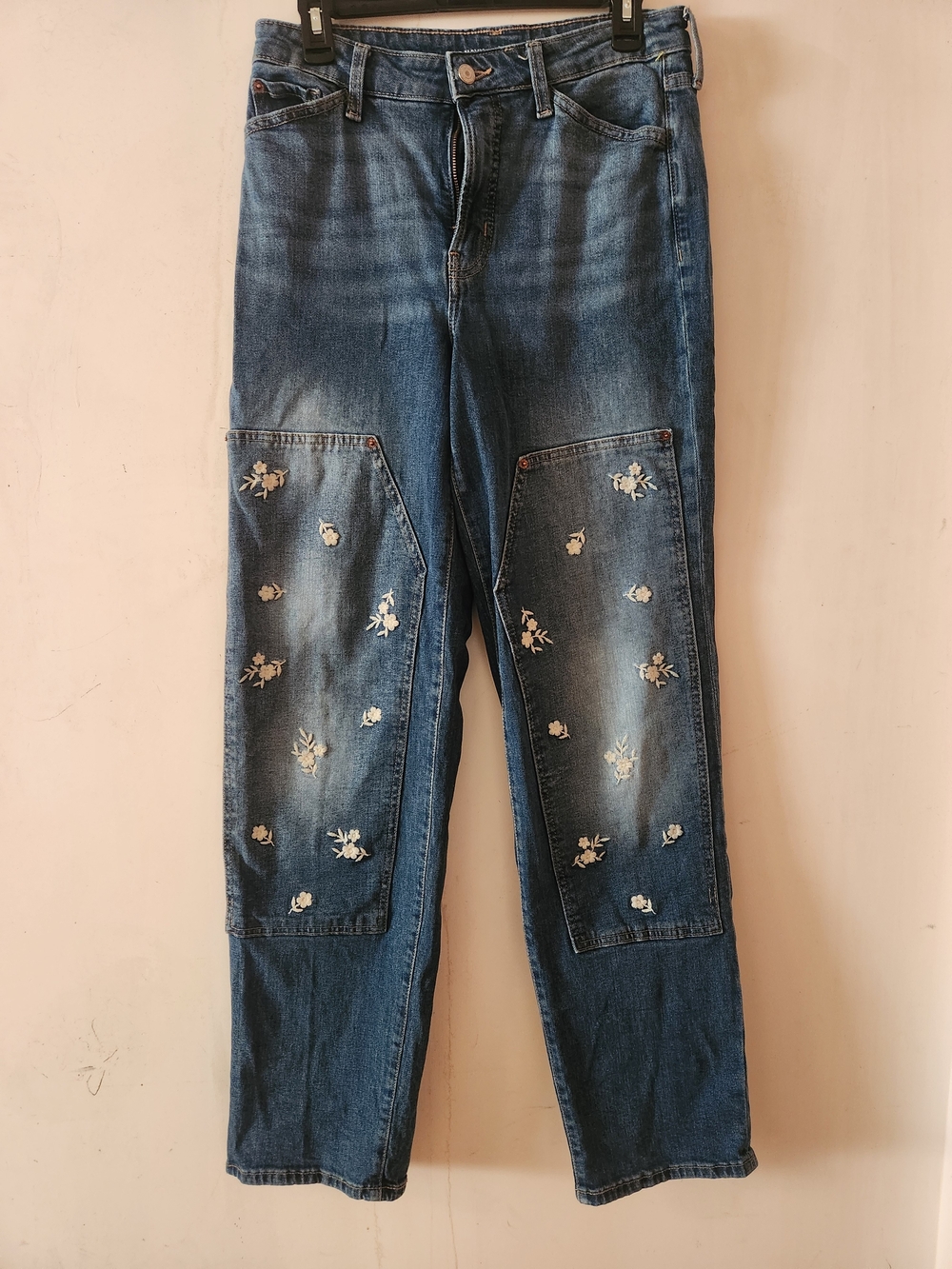 Old Navy Blue Straight-Leg Jeans with Floral Knee Patches